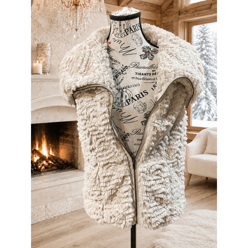 FEVER Faux Fur Vest Womens Small Cream Shaggy Zip Front Sleeveless Jacket